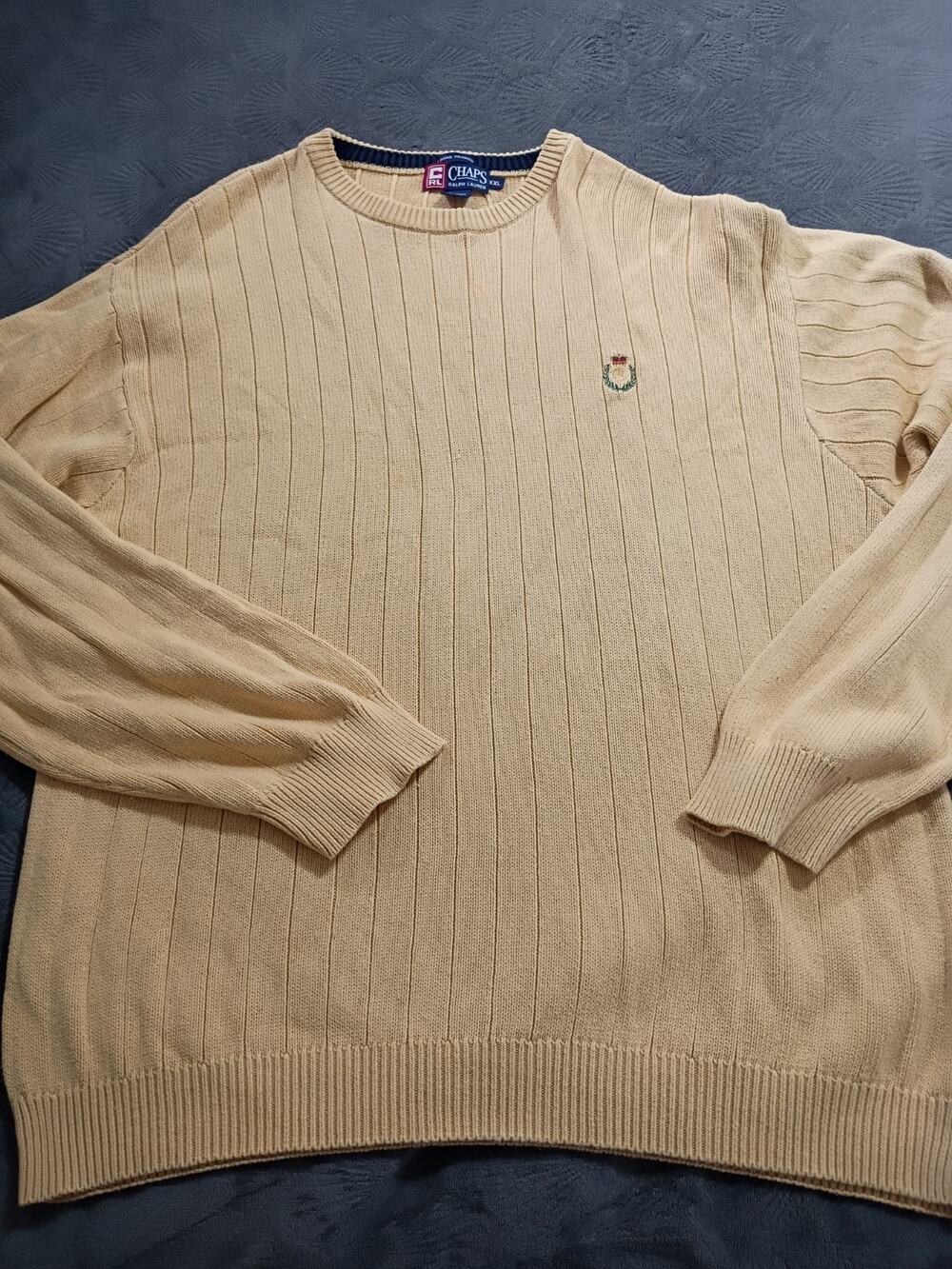 Vintage 90s Chaps Ralph Lauren Crest Sweater Yellow Knit Dad Old Mone XXL